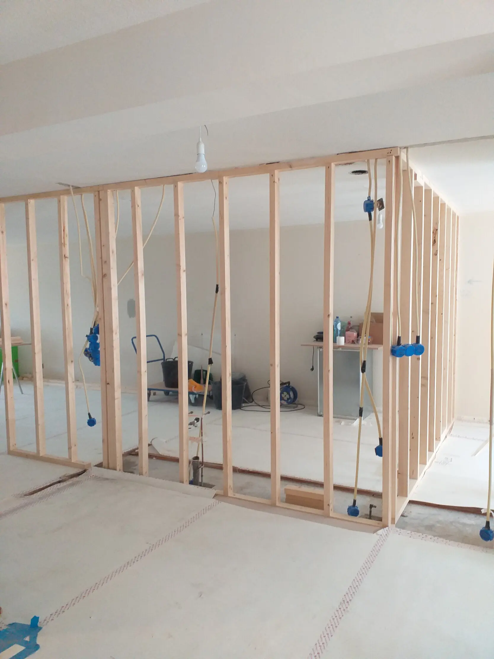 Timber wall frame. Construction process.